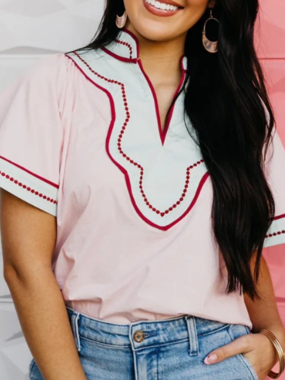 NWT Women's THML Light Pink Embroidered Contrast Trim Blouse Top - Small - Picture 3 of 6